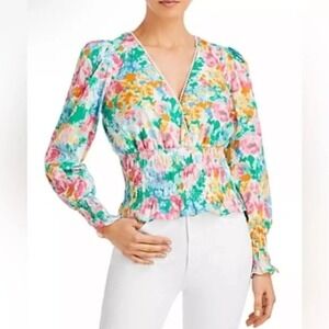 WAYF Watercolor Floral Print Picot Trim Smocked Waist Long Sleeve V-Neck Top XS